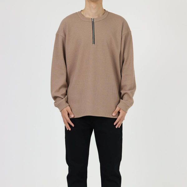 Waffle Half-Zip Round Neck Sweatshirt Fashion