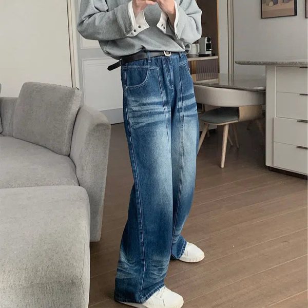 Washed High Waist Straight Leg Jeans For Sale