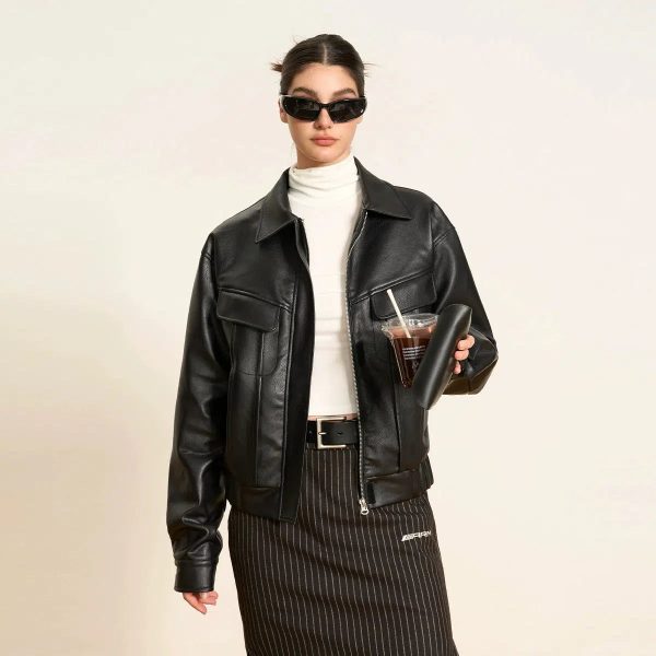 Belted Waist Structured Leather Jacket Supply