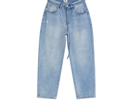 Belted Adjustable Washed Blue Jeans Discount