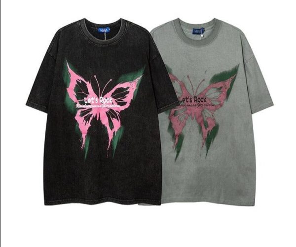 Washed Butterfly Print T-shirt For Cheap