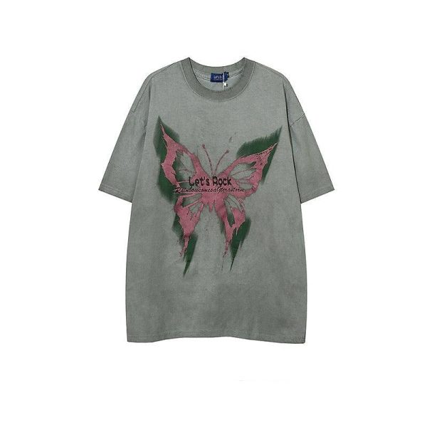 Washed Butterfly Print T-shirt For Cheap