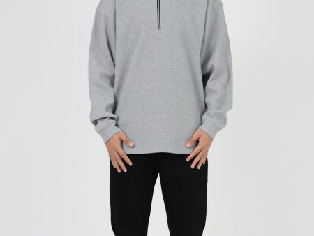 Waffle Half-Zip Round Neck Sweatshirt Fashion