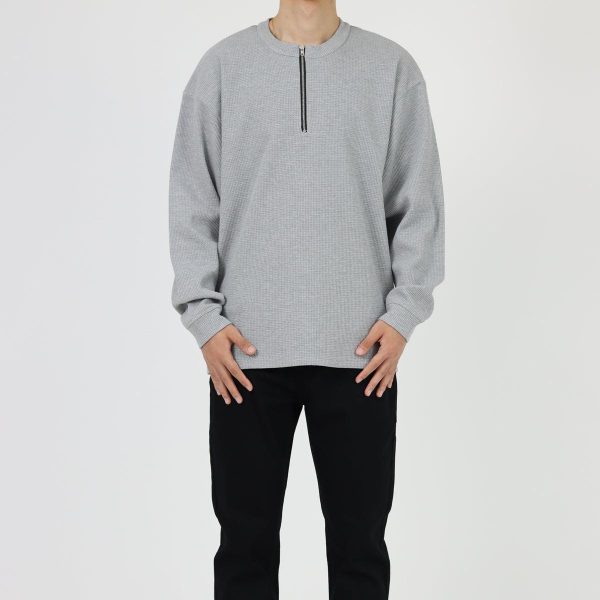 Waffle Half-Zip Round Neck Sweatshirt Fashion