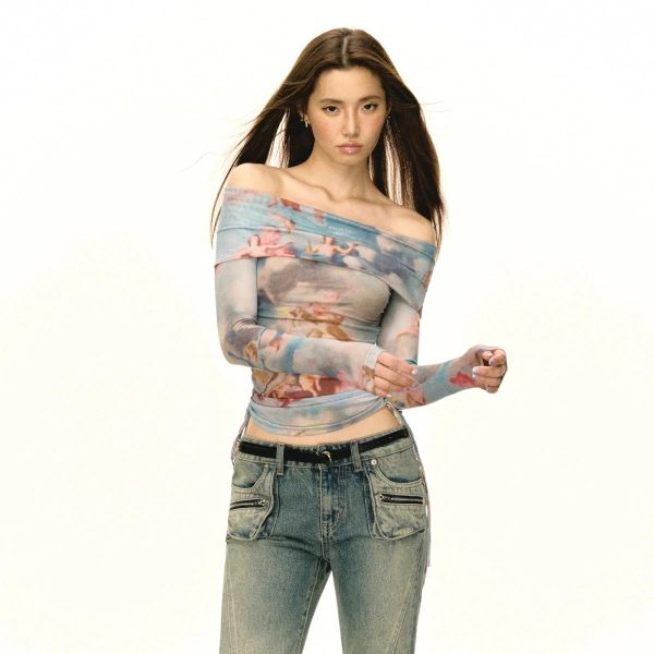 Angel Print One Shoulder Long Sleeve Pullover Hot on Sale