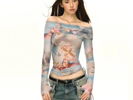 Angel Print One Shoulder Long Sleeve Pullover Hot on Sale