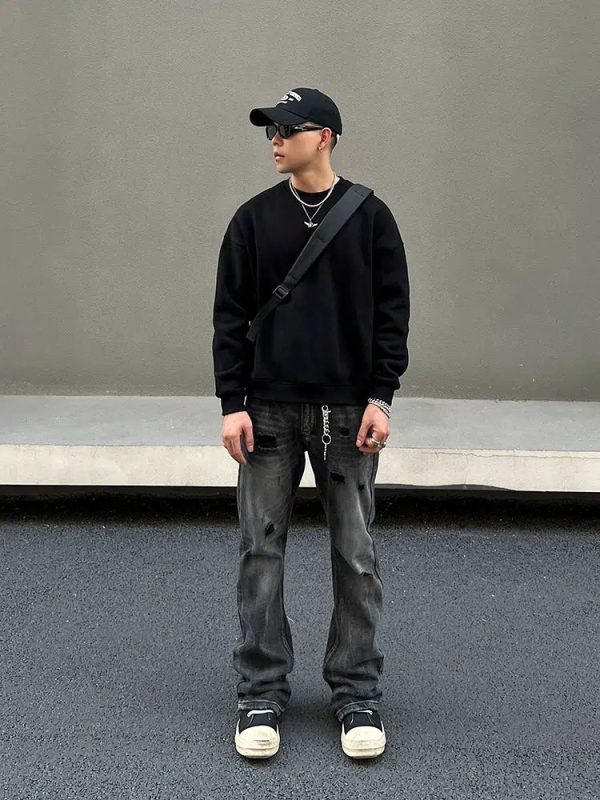 Washed Black Ripped Straight-Cut Pants Online Hot Sale