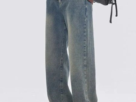 Washed Elastic Waist Straight-leg Jeans Hot on Sale