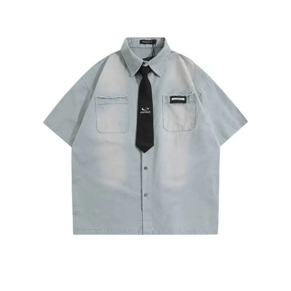 Washed Short-sleeved Shirt with Tie Online Hot Sale