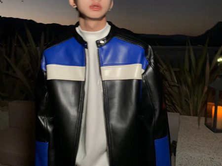 Zip Up Colorblock Leather Jacket Sale