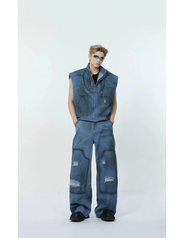 Washed Blue Sleeveless Jacket & Wide-leg Jeans Online Hot Sale