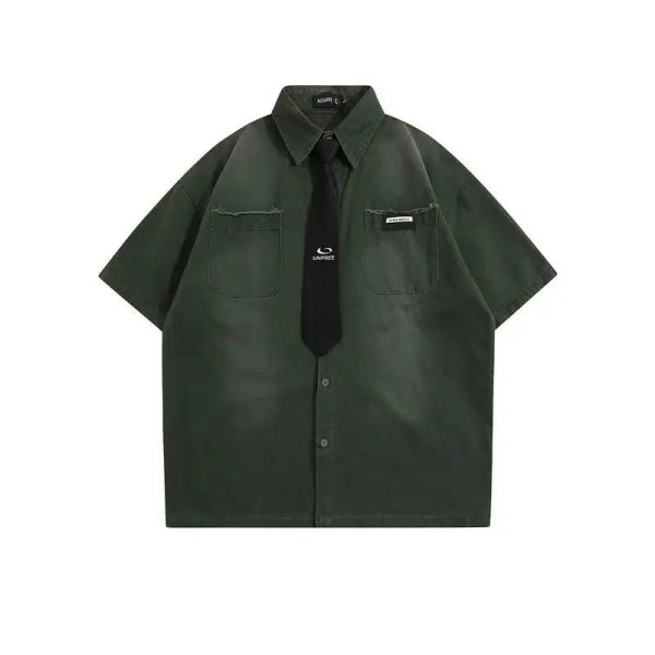 Washed Short-sleeved Shirt with Tie Online Hot Sale