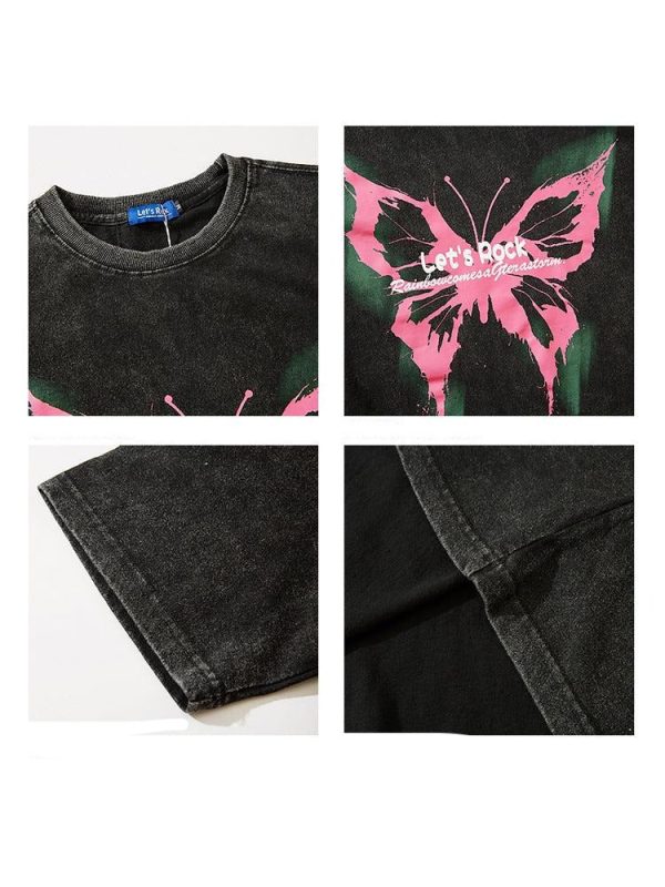 Washed Butterfly Print T-shirt For Cheap