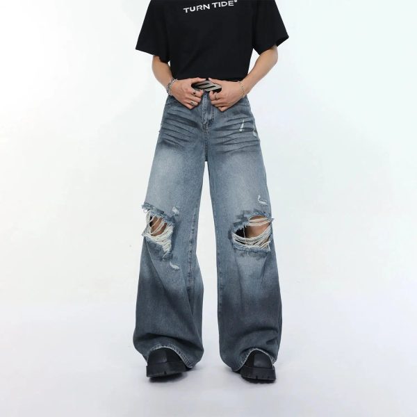 Wide-Leg Ripped Denim Jeans Fashion