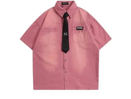 Washed Short-sleeved Shirt with Tie Online Hot Sale