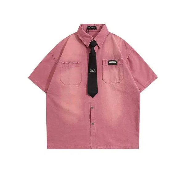 Washed Short-sleeved Shirt with Tie Online Hot Sale