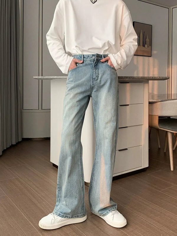 Versatile Light Blue Straight-leg Jeans For Cheap